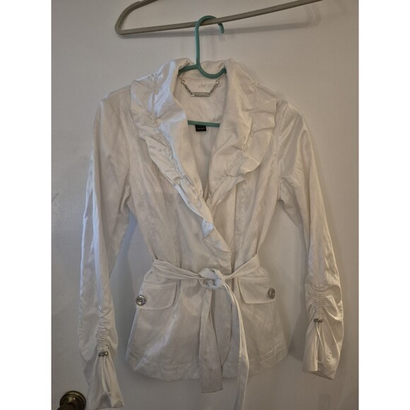 White House Black Market Jacket Womens XS White Full Zip Ruffle Coat Button - Picture 1 of 9